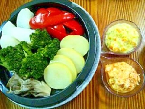 たっぷり食べれる彩野菜タジン蒸し　2種ディップ添え